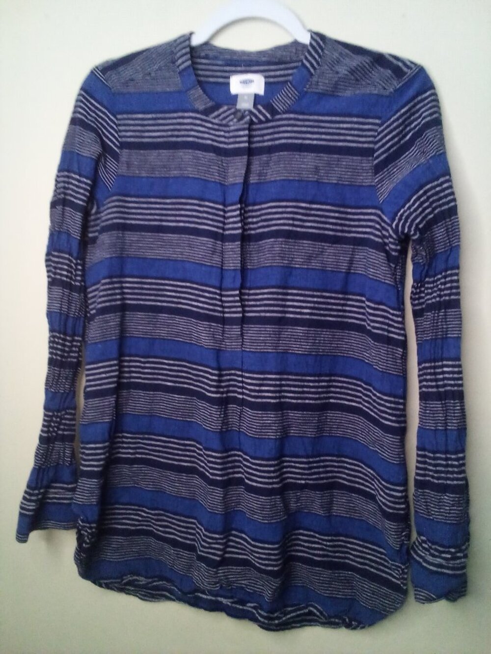 Old Navy Shirt Women M Long Sleeve Half Hidden Button Stripe Linen Blend Blue